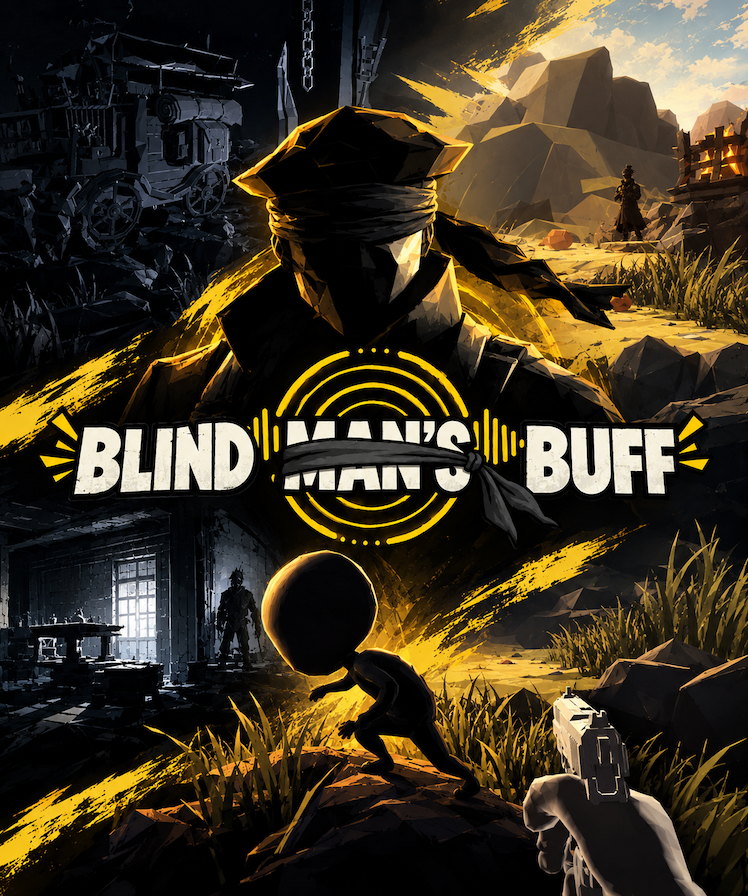 The game's poster: the blindfolded hunter in silhouette, a tiny character running below him, yellow brush strokes behind