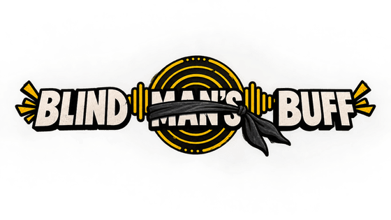 Blind Man's Buff wordmark: the title in white block letters with a blindfold tied across a yellow sonar ring