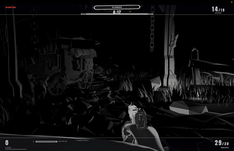 The hunter's screen: a dark scene with one patch of ground painted white