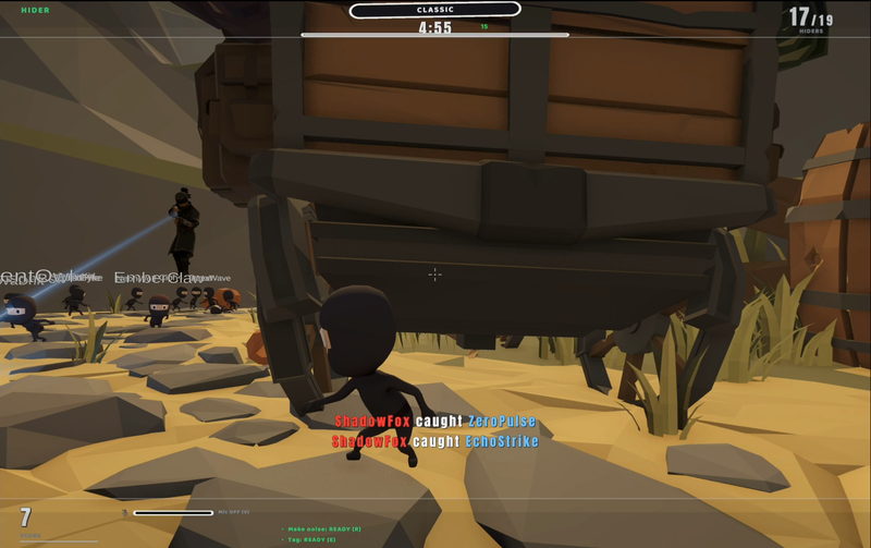 A hider's view: a character under a cart wheel, with a torch-carrying hunter behind