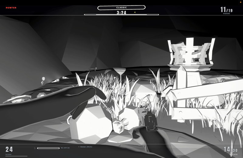 The sonar moment: the scene picked out in white outlines, the hunter's hand in the foreground