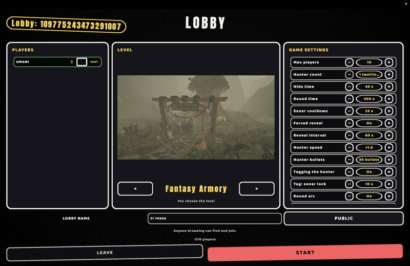 The lobby screen: player list, level picker and a long column of game settings