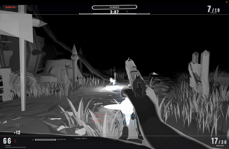 On the hunter's screen, an area blown out to white with a hider standing in it