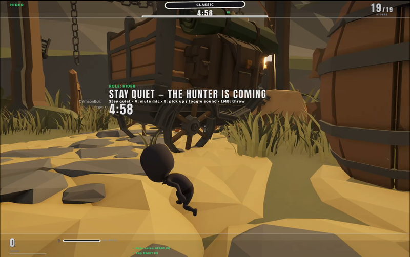A role announcement and a countdown across the middle of the screen: stay quiet, the hunter is coming