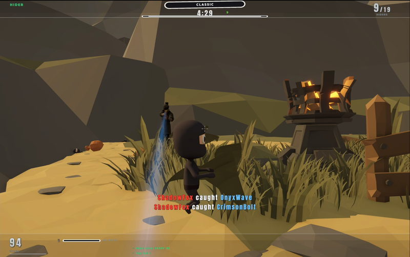 A hider's view: a running character with a blue trail behind, the hunter further back